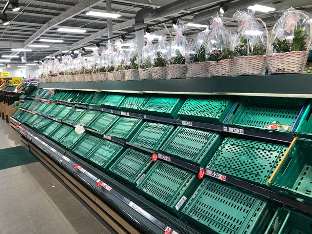 <p>Empty shelves in a Tesco Extra store in Worthing, West Sussex</p>