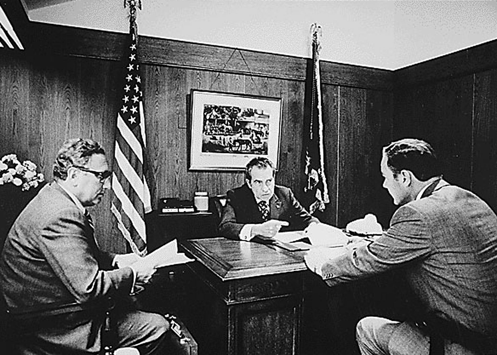 President Nixon in a Vietnam War planning meeting in November 1972, just a few months after the Watergate burglary but two years before finally being forced to resign over it