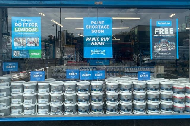 <p>A ‘paint shortage’ poster in a Leyland SDM shop window</p>