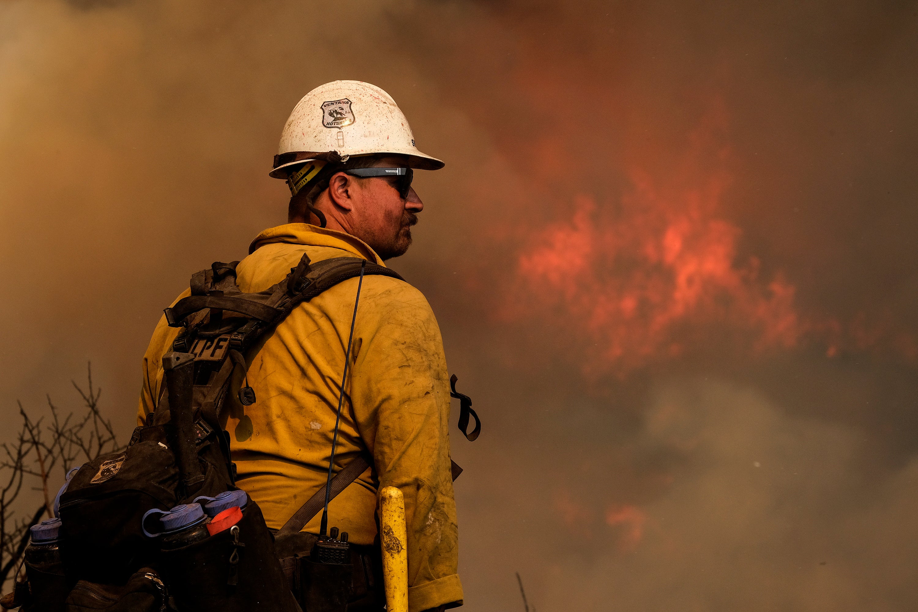 A firefighter this week in California, where blazes are an increasing threat as drought conditions intensify