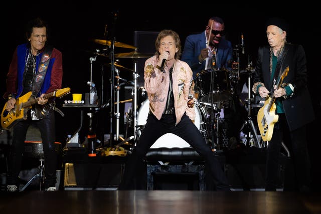 <p>Ronnie Wood, Mick Jagger, Steve Jordan and Keith Richards of The Rolling Stones perform onstage at SoFi Stadium</p>