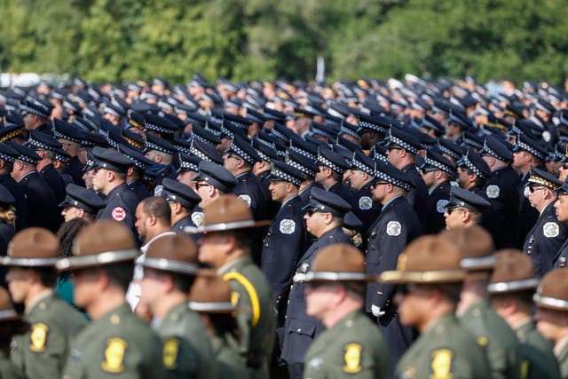 <p>Hundreds of police officers from various departments attend the funeral for Chicago Police Officer Ella French on August 19, 2021</p>