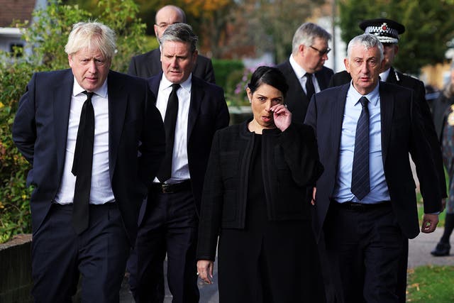 <p>Boris Johnson, Sir Keir Starmer, Priti Patel and Sir Lindsay Hoyle pay respects to Sir David Amess</p>