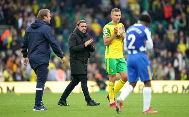 Norwich manager Daniel Farke (second left) saw his side held by Brighton (Joe Giddens/PA).