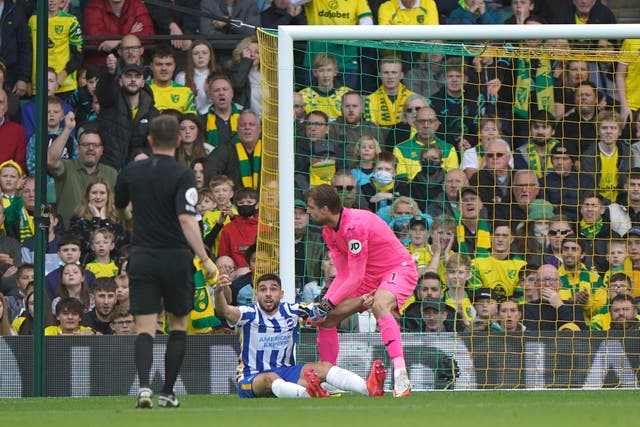 Neal Maupay (centre) appealed for a penalty during Brighton’s match at Norwich (Joe Giddens/PA)