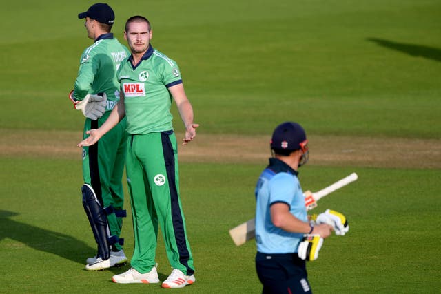 Ireland’s Josh Little gives England batter Jonny Bairstow a send-off during the 2020 one-day series (Mike Hewitt/PA)