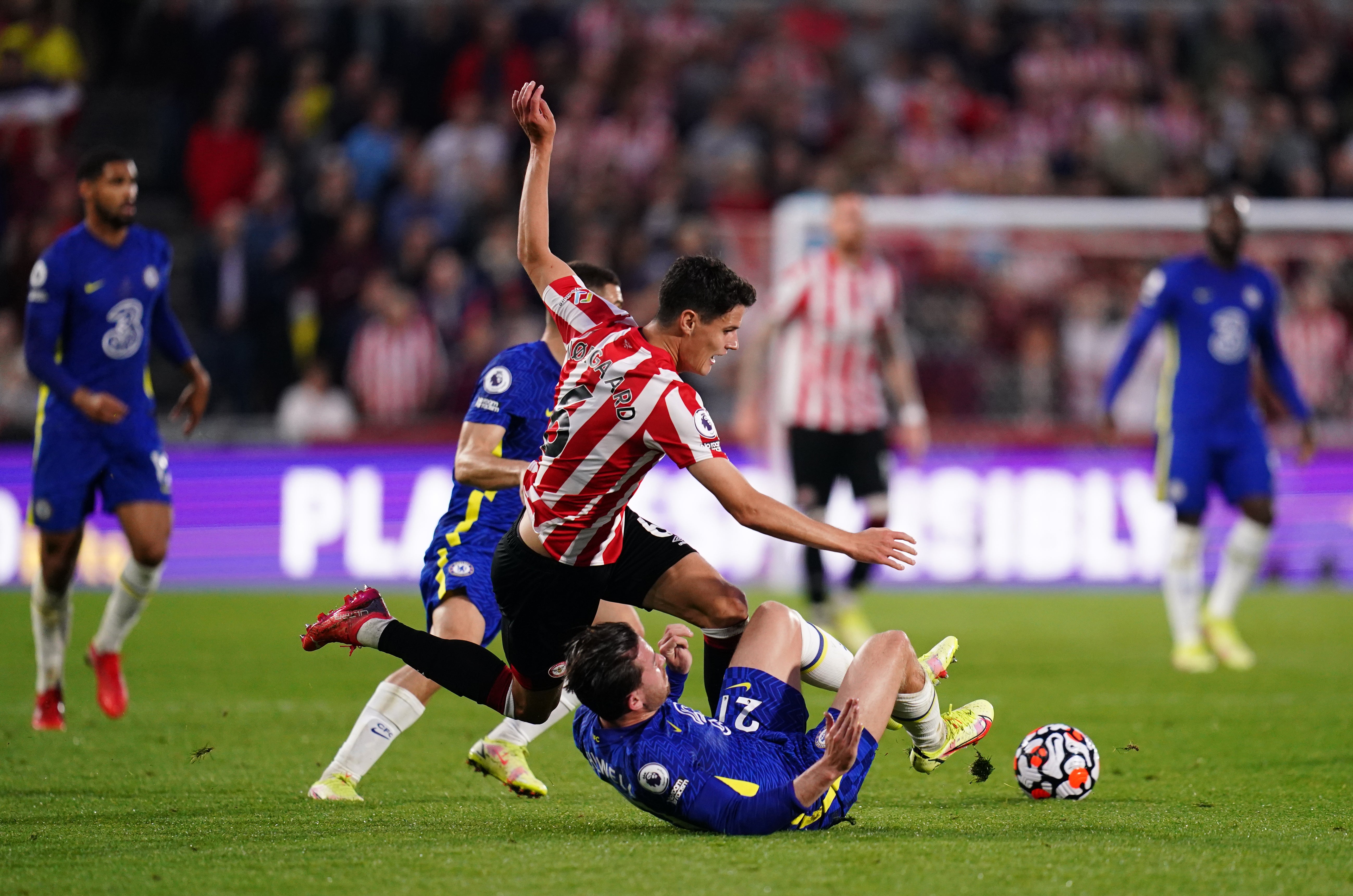 Brentford’s Christian Norgaard (centre) battled for the ball against Chelsea (John Walton/PA)