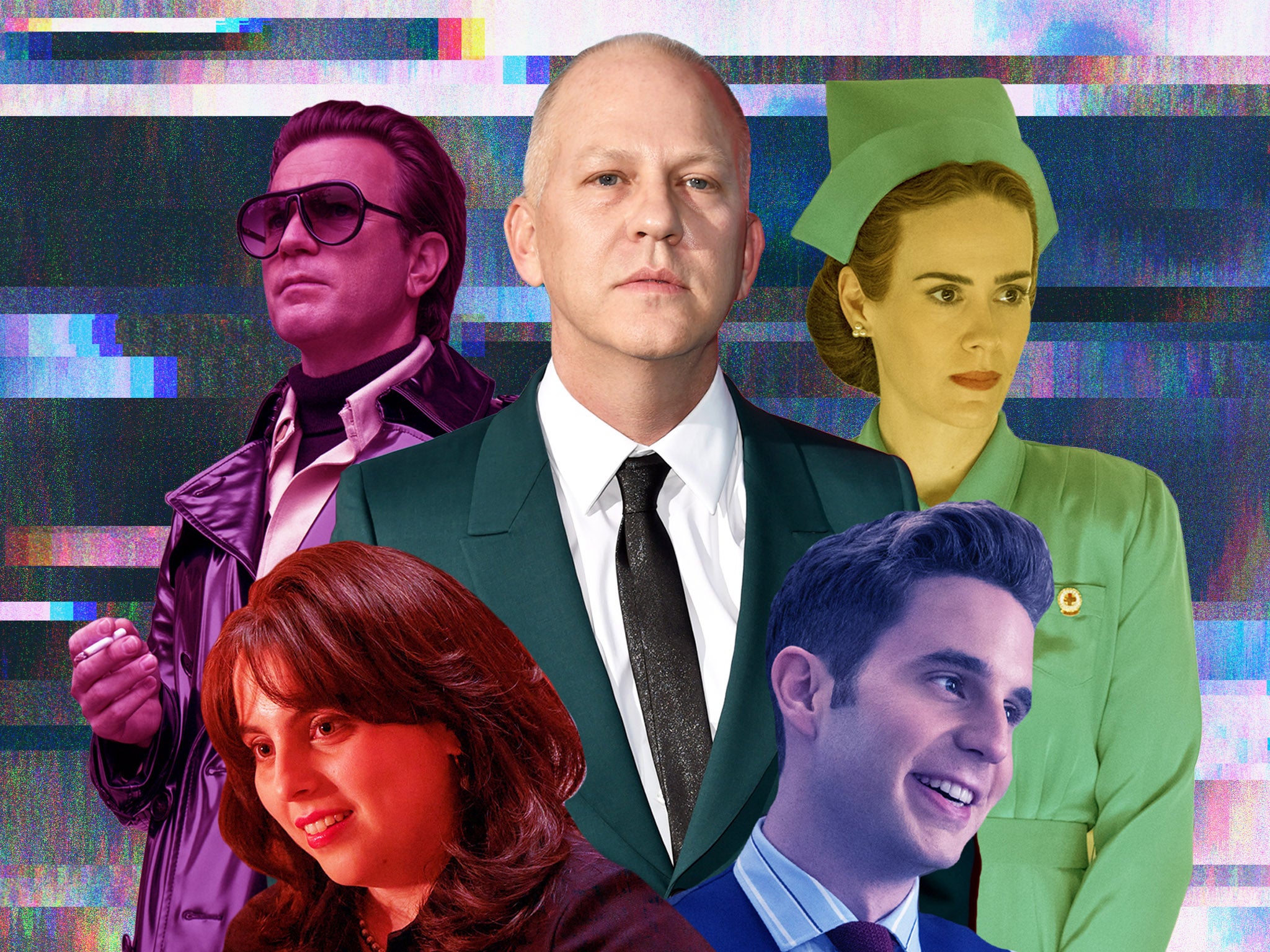 Ryan Murphy (centre), and his recent misses (clockwise from top right) ‘Ratched’, ‘The Politician’, ‘American Crime Story: Impeachment’ and ‘Halston’