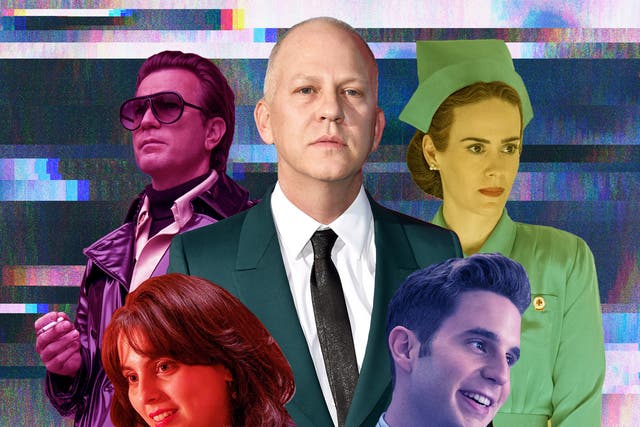 <p>Ryan Murphy (centre), and his recent misses (clockwise from top right) ‘Ratched’, ‘The Politician’, ‘American Crime Story: Impeachment’ and ‘Halston’</p>