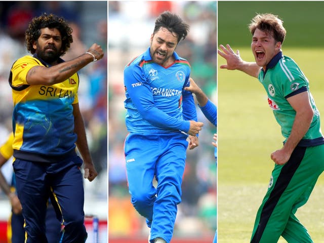 <p>Curtis Campher joined Lasith Malinga, left, and Rashid Khan, centre, in the history books</p>