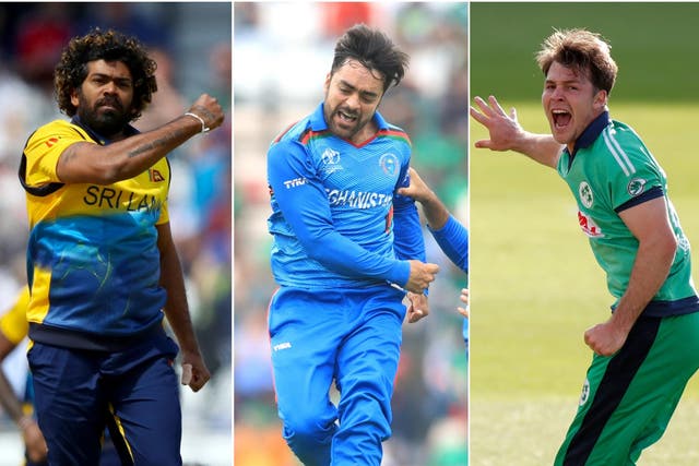 <p>Curtis Campher joined Lasith Malinga, left, and Rashid Khan, centre, in the history books</p>