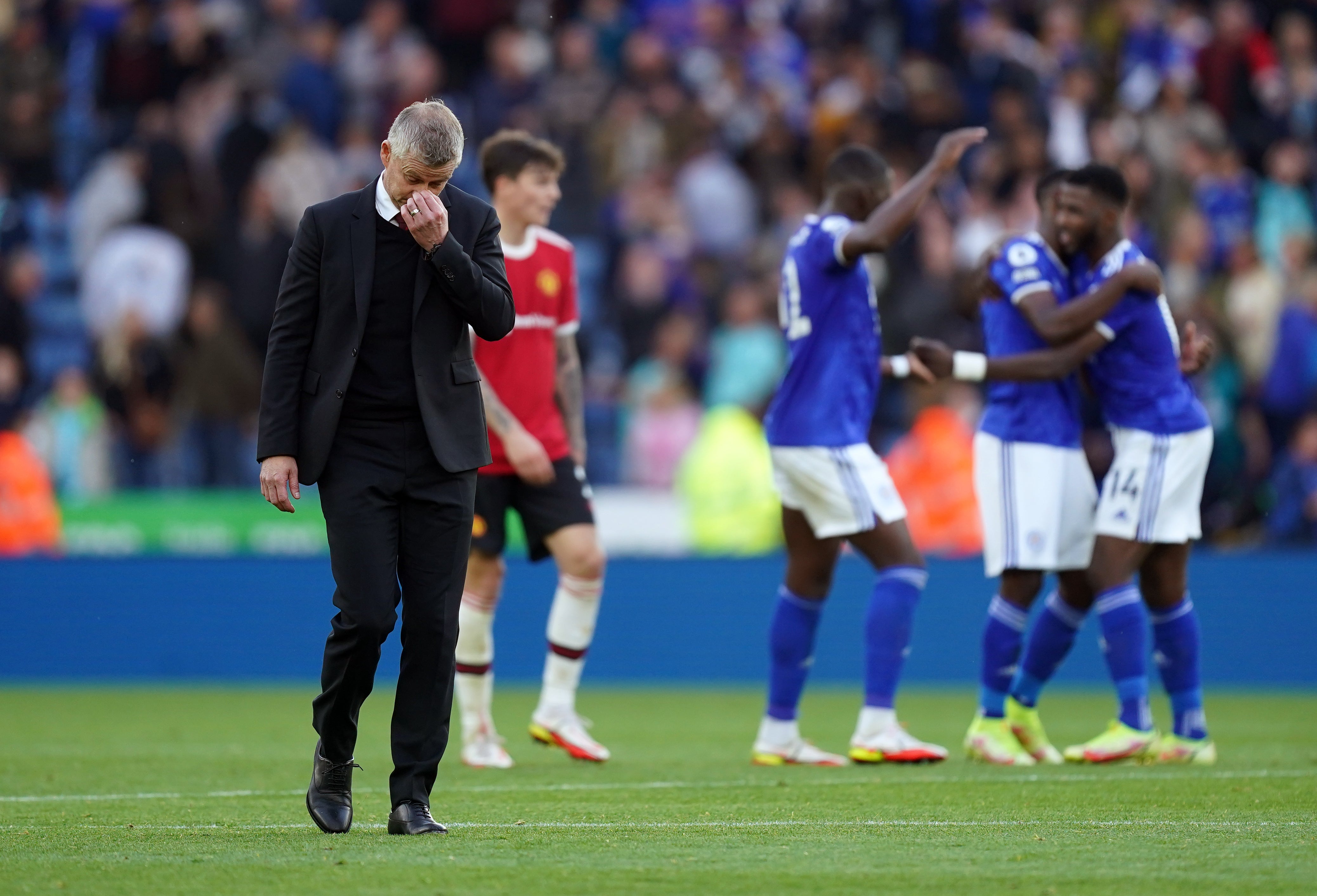 <p>Ole Gunnar Solskjaer reacts after defeat to Leicester (Mike Egerton/PA)</p>