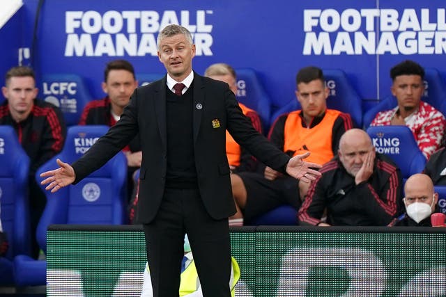 <p>Ole Gunnar Solskjaer shows his frustration during the defeat to Leicester</p>