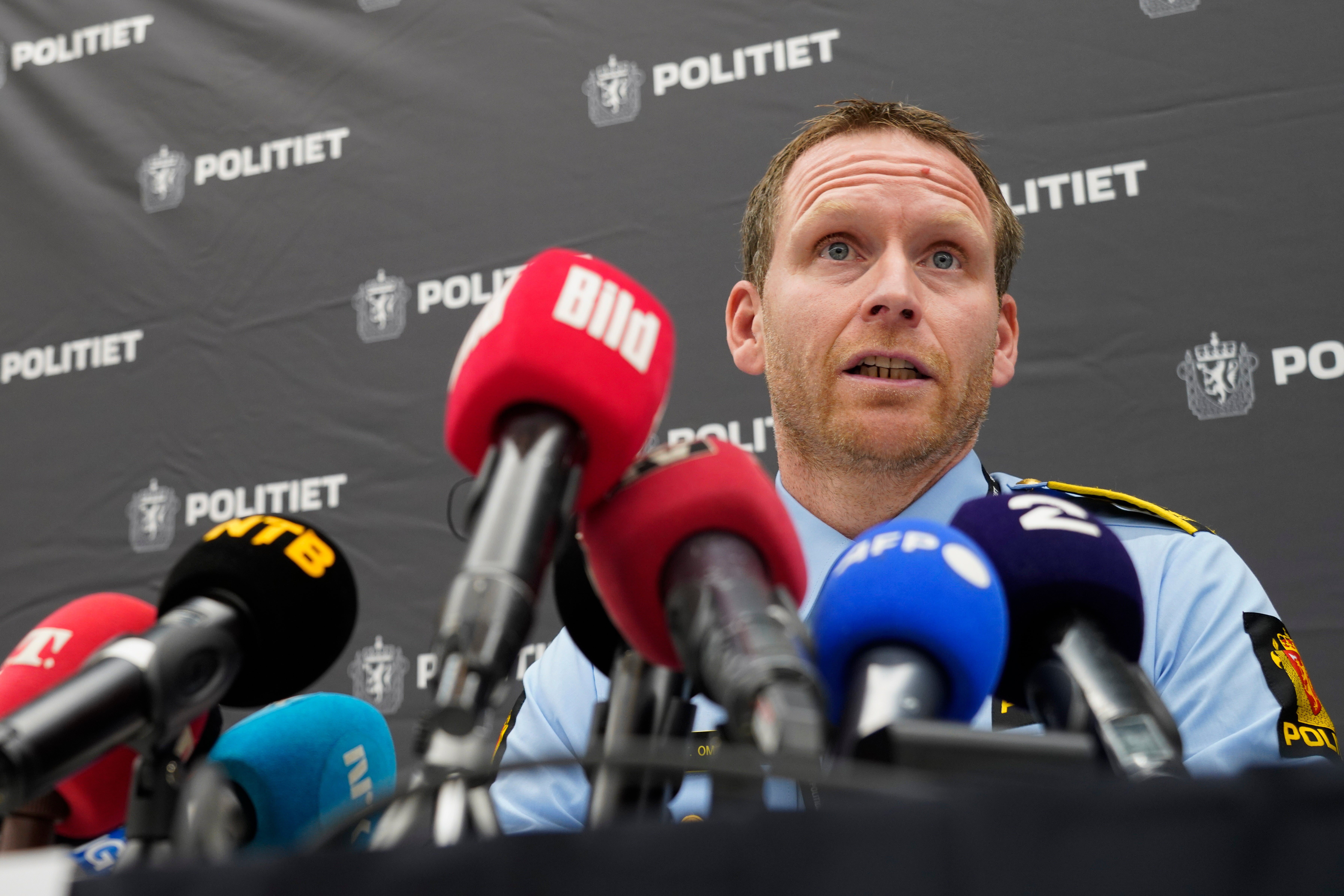 Police Inspector Per Thomas Omholt holds a press conference in Kongsberg, Norway