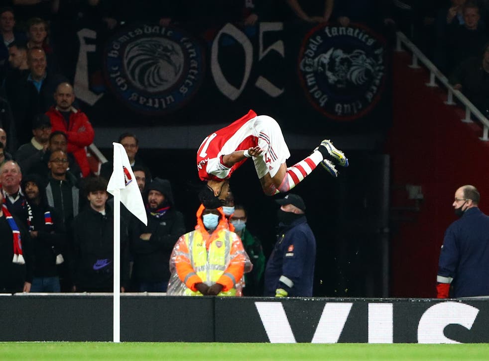 <p>Pierre-Emerick Aubameyang celebrates scoring Arsenal’s opener</p>