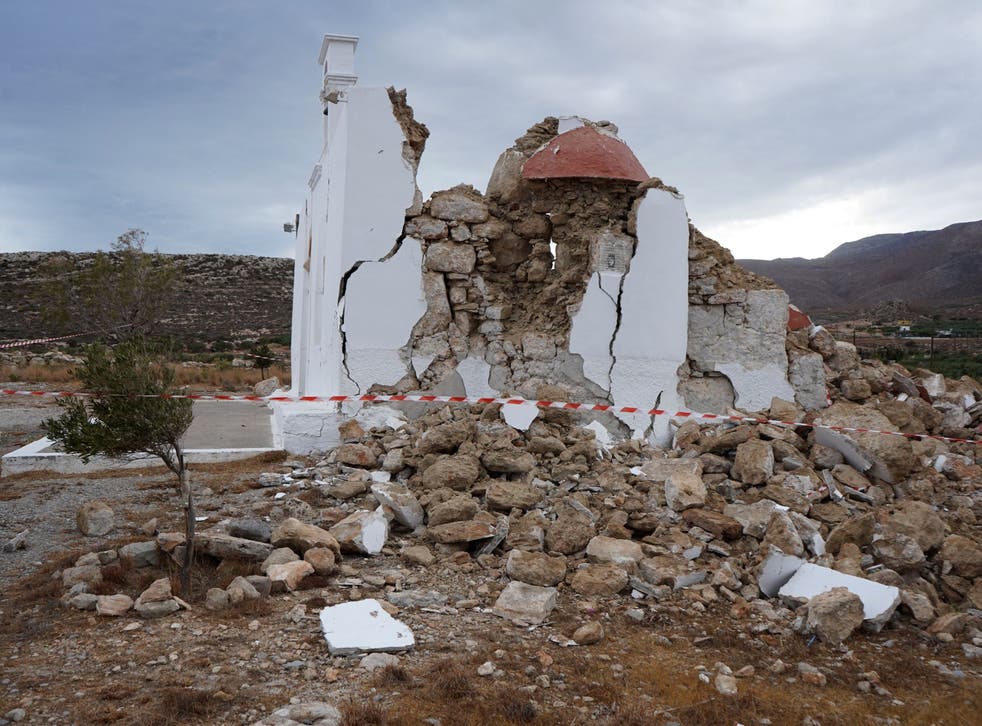 <p>A chapel near the village of Zakros on the eastern coast of the island of Crete that was damaged by the last earthquake to strike the country on 12 October</p>