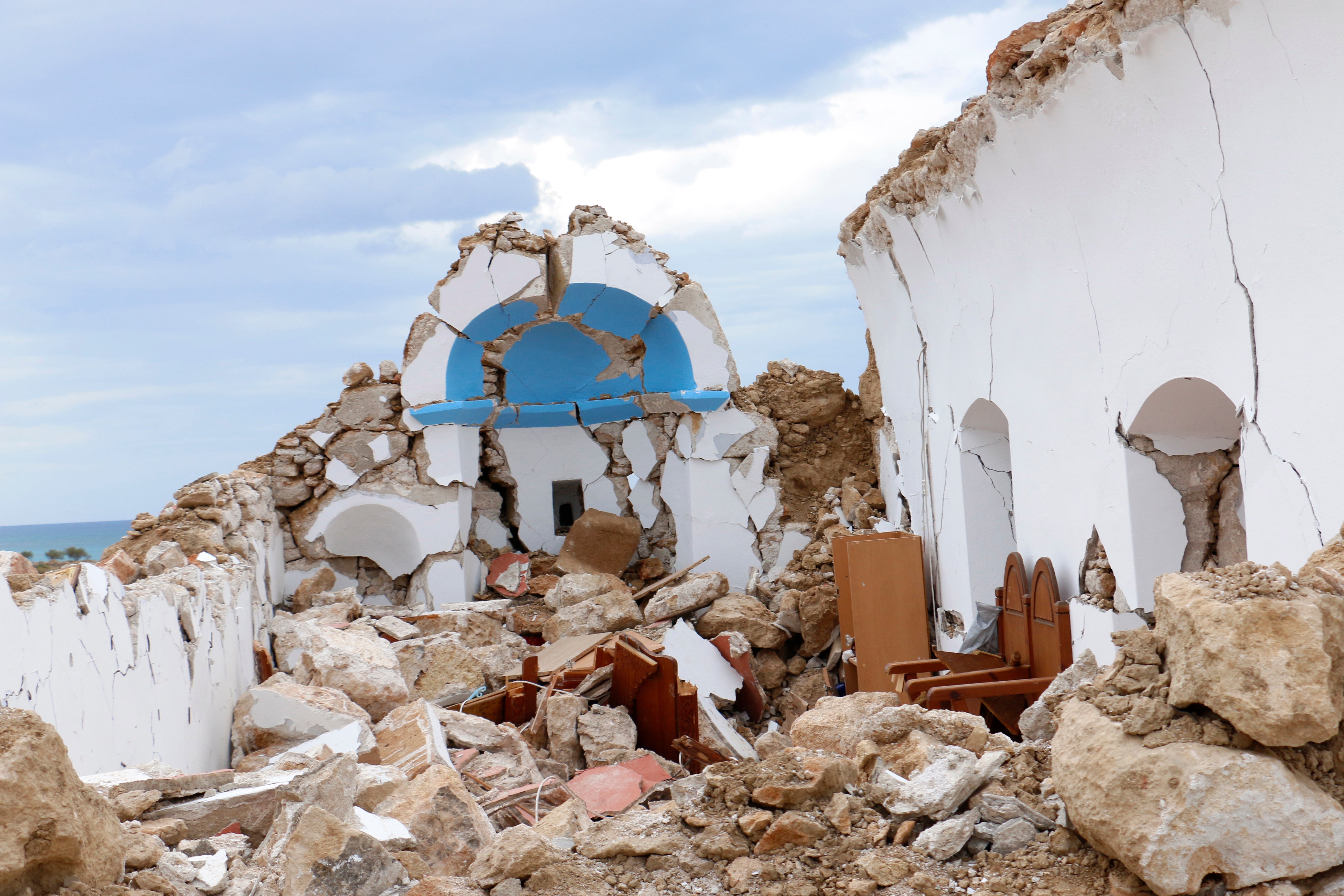 A damaged church in Xerokampos near Sitia after the 12 October quake struck Crete