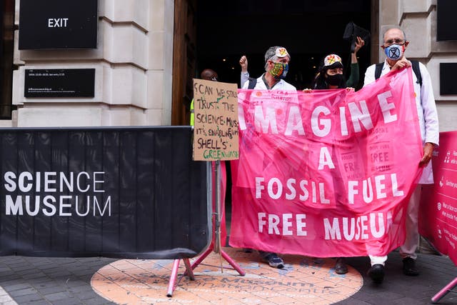 <p>Protesters from Extinction Rebellion at the Science Museum in August after the announcement of the Shell sponsorship deal</p>