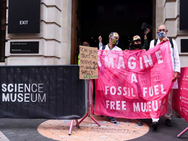 <p>Protesters from Extinction Rebellion at the Science Museum in August after the announcement of the Shell sponsorship deal</p>