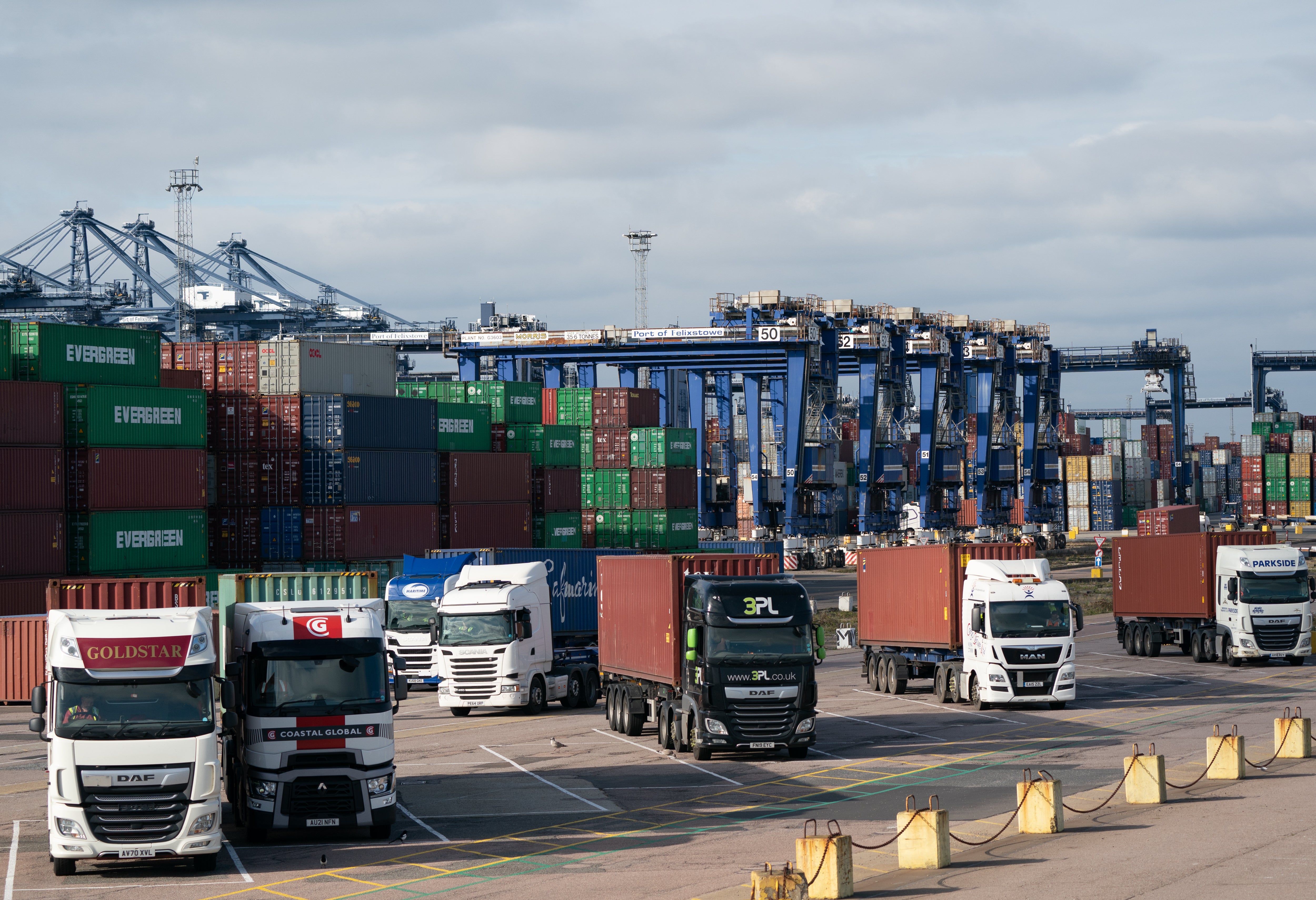 Lorries wait at the Port of Felixstowe in Suffolk. Industry bosses have warned that driver shortages are not improving (Joe Giddens/PA)
