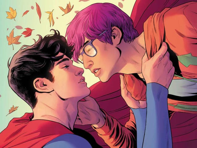 <p>Son of Superman Jonathan Kent in a forthcoming comic kissing boyfriend Jay Nakamura</p>