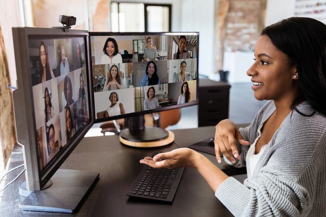 <p>A young professional has a virtual meeting with colleagues</p>