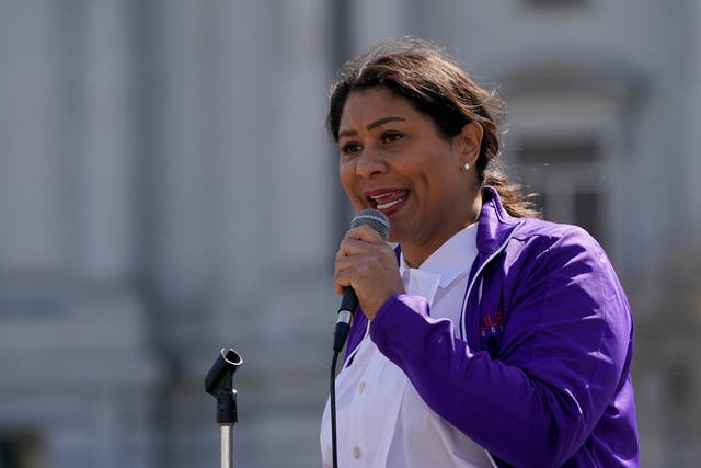 <p>San Francisco mayor London Breed speaking at a rally in 2021 </p>