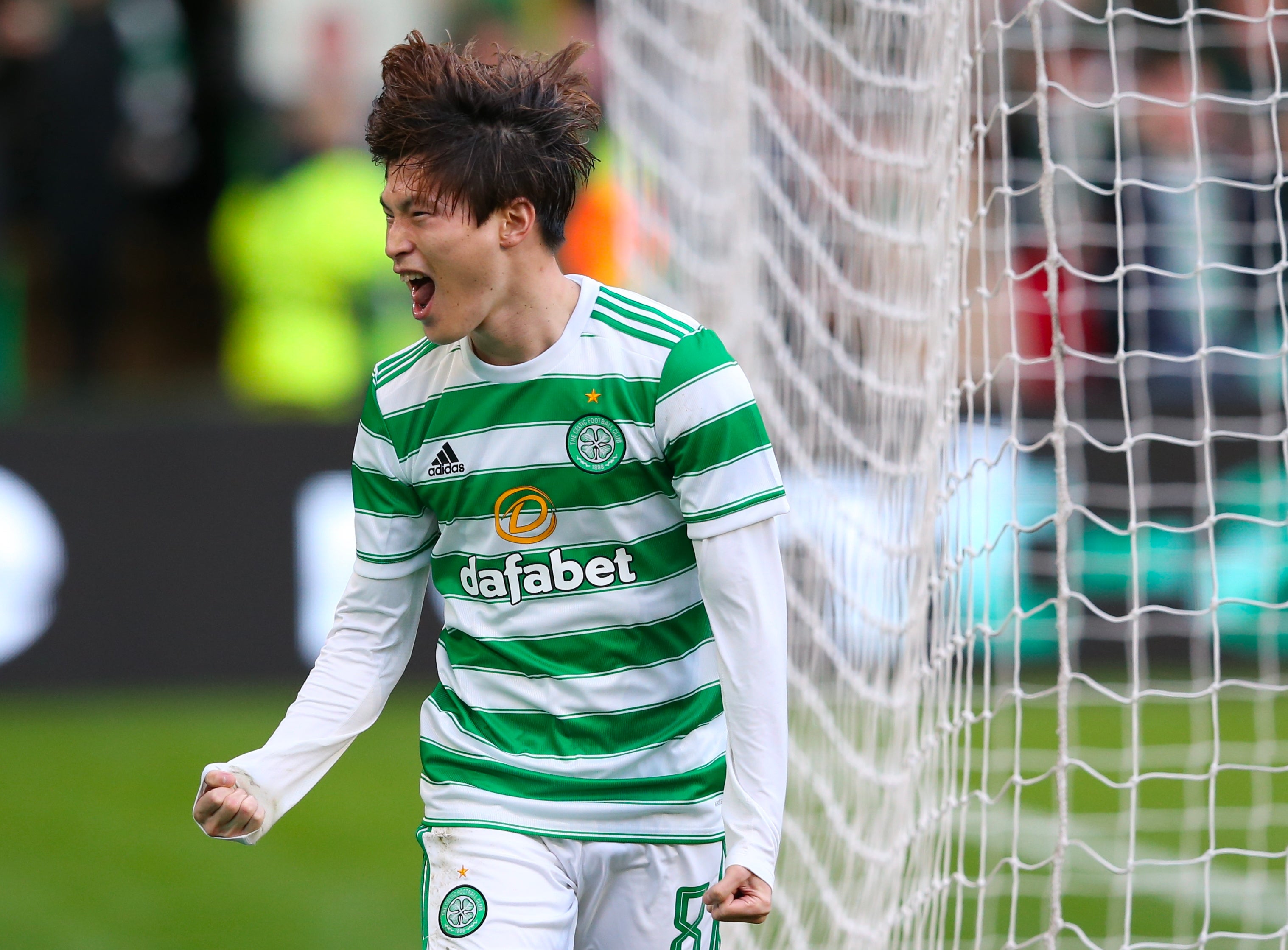 Kyogo Furuhashi celebrates scoring for Celtic