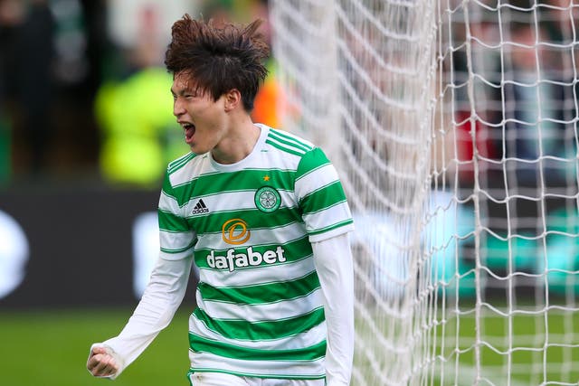 <p>Kyogo Furuhashi celebrates scoring for Celtic</p>