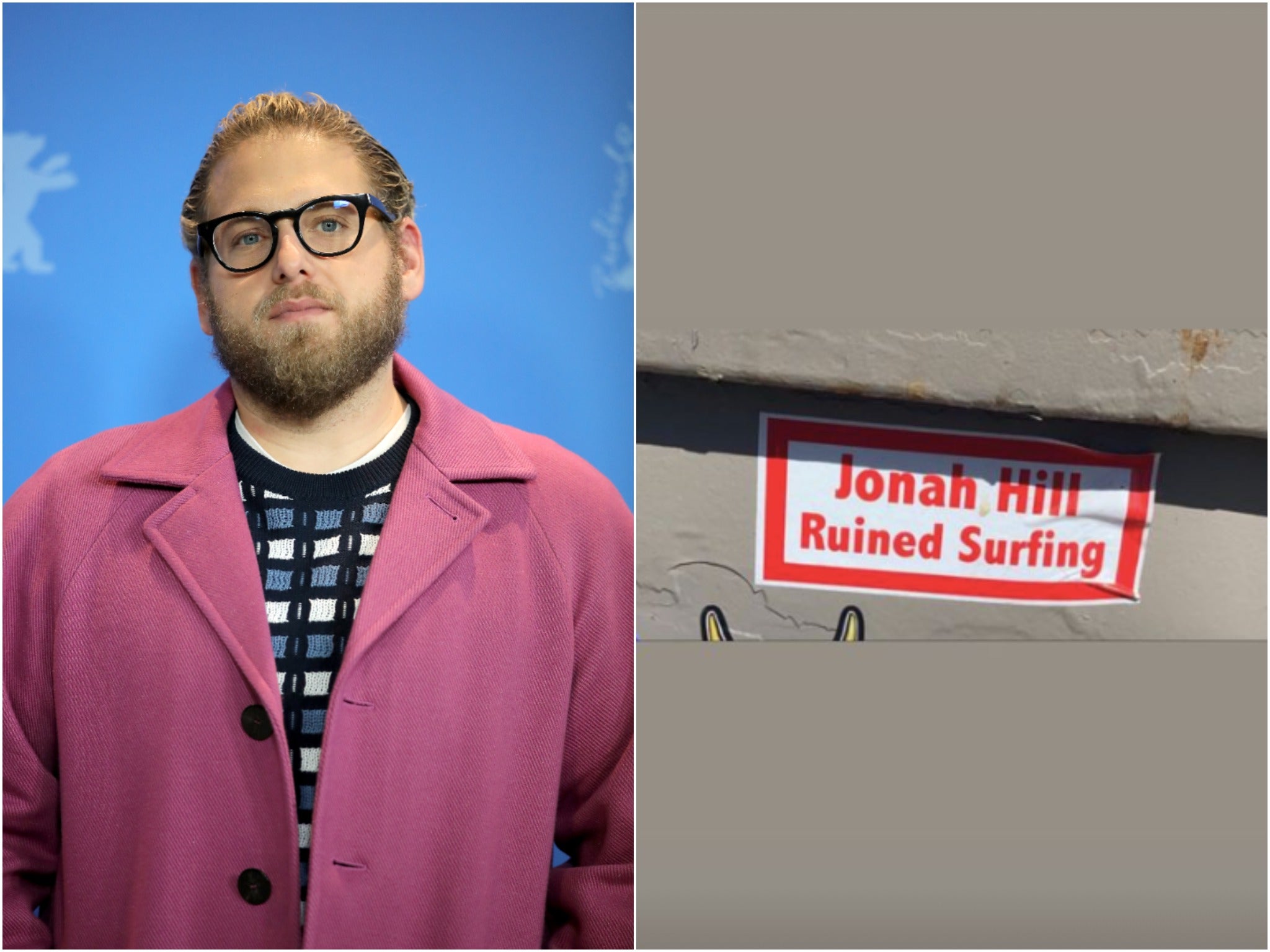 <p>Jonah Hill reacts to sign claiming he ruined surfing  </p>