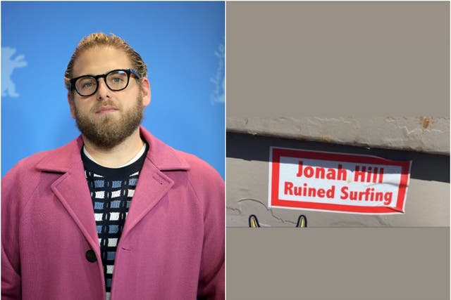 <p>Jonah Hill reacts to sign claiming he ruined surfing  </p>