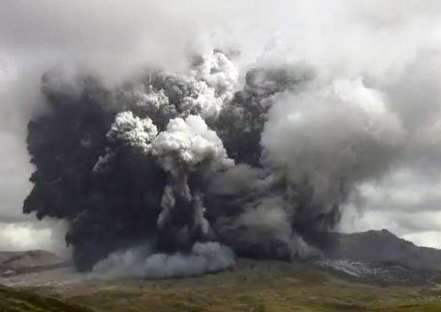 <p>Ash and smoke seen erupting from Mount Aso in Kumamoto prefecture in southwestern Japan on 20 October 2021</p>