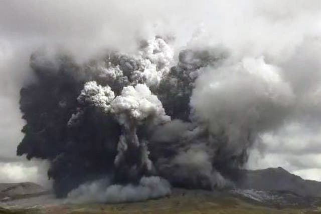 <p>Ash and smoke seen erupting from Mount Aso in Kumamoto prefecture in southwestern Japan on 20 October 2021</p>