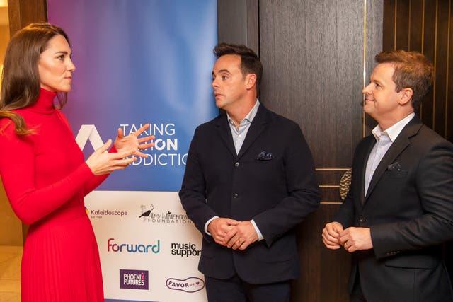 <p>The Duchess of Cambridge meets television presenters Ant McPartlin and Declan Donnelly at the launch of the Forward Trust's Taking Action on Addiction campaign at BAFTA, London</p>