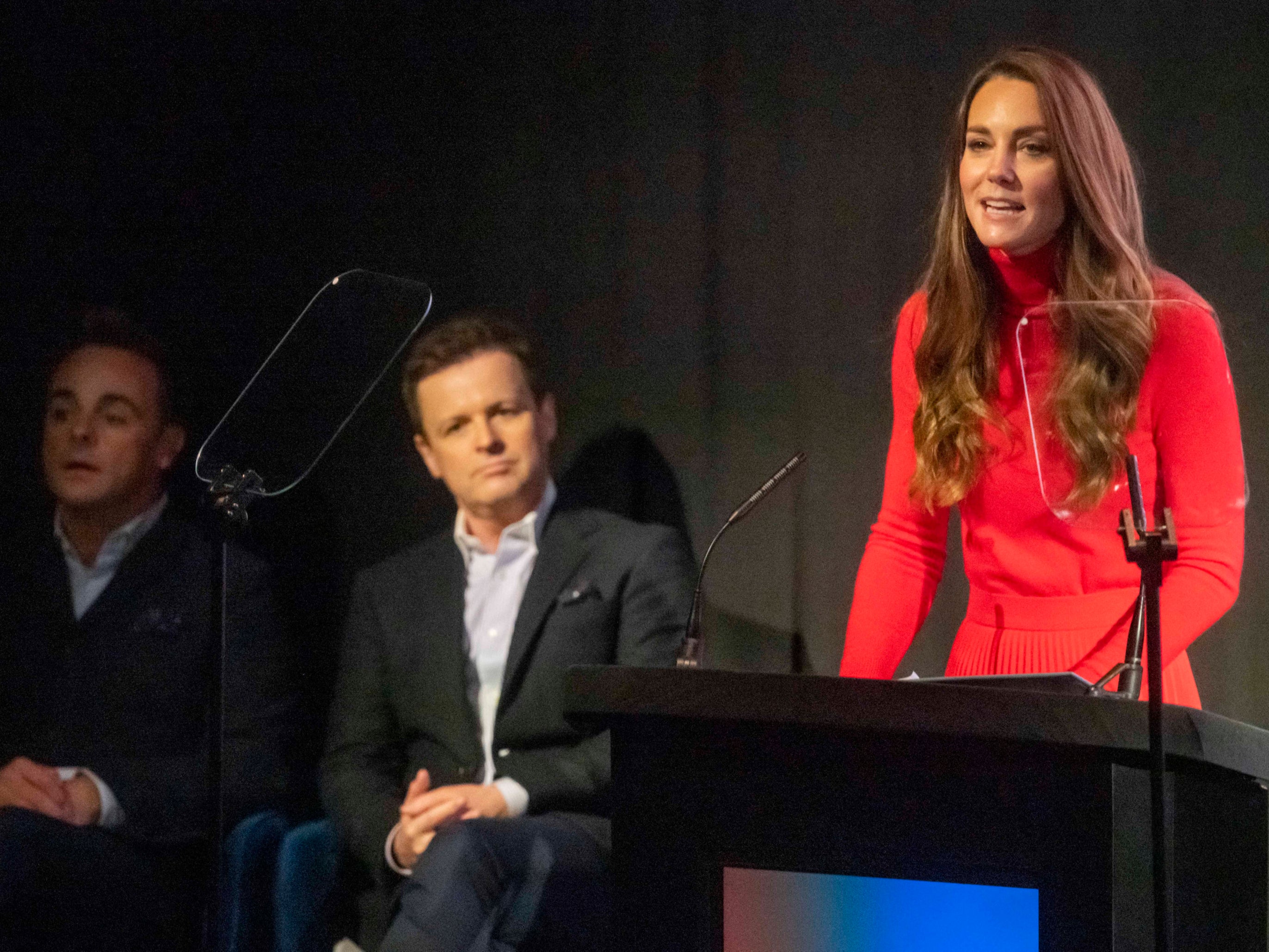 The Duchess of Cambridge delivers the keynote speech, watched by television presenters Ant McPartlin and Declan Donnelly, at the launch of the Forward Trust’s Taking Action on Addiction campaign at BAFTA, London
