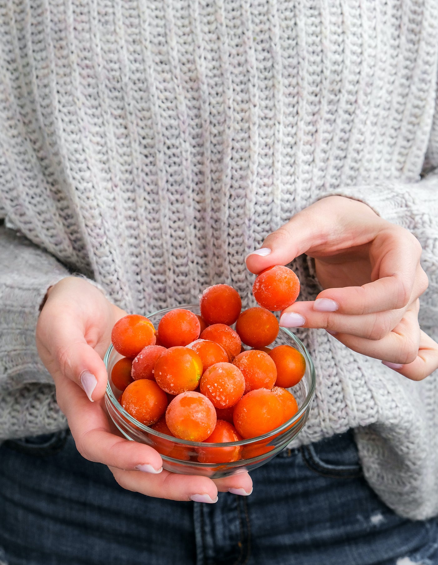Frozen cherry tomatoes are like chilly marbles