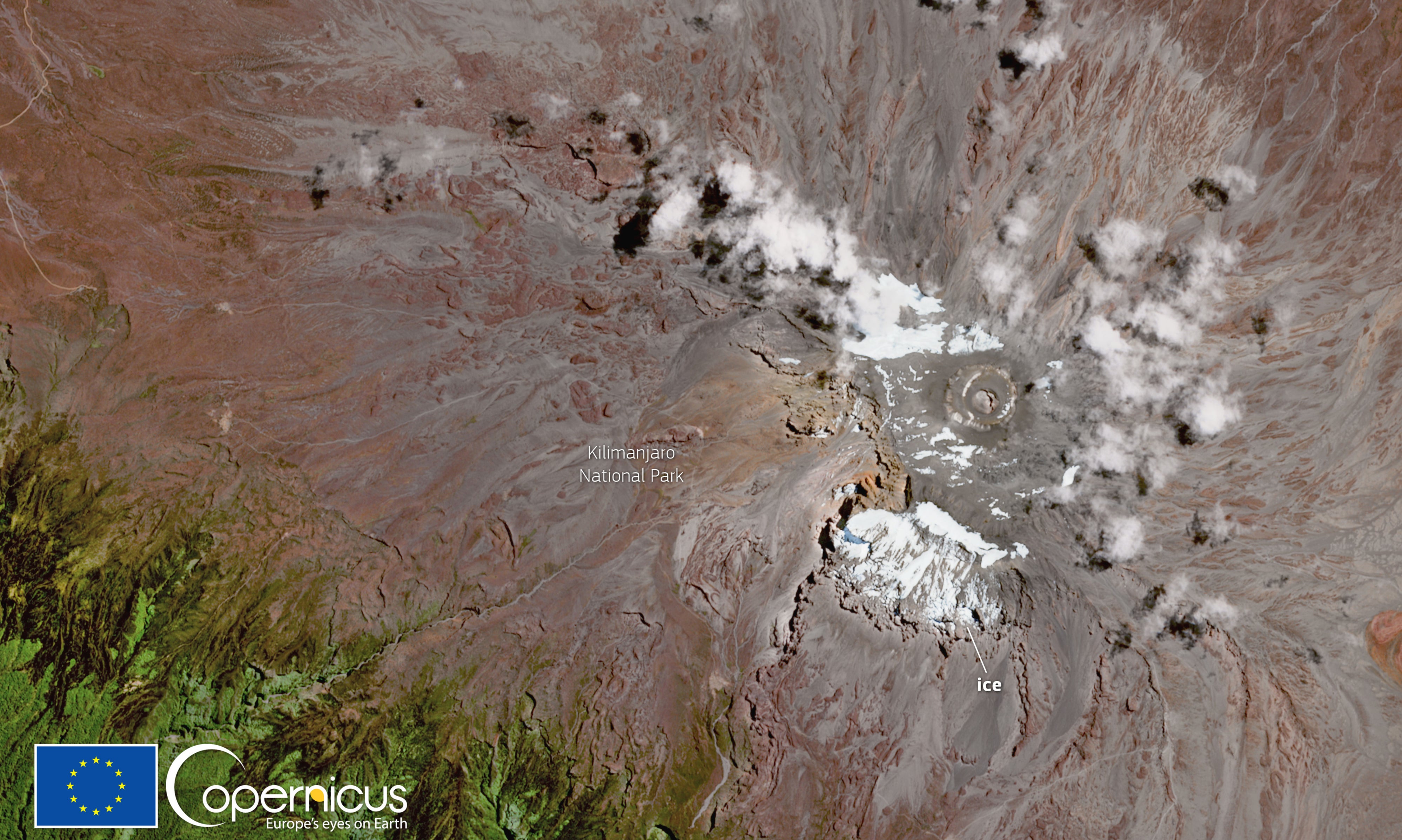 The melting snows of Kilimanjaro, seen from the EU’s Copernicus Sentinel 2 satellite in August 2021