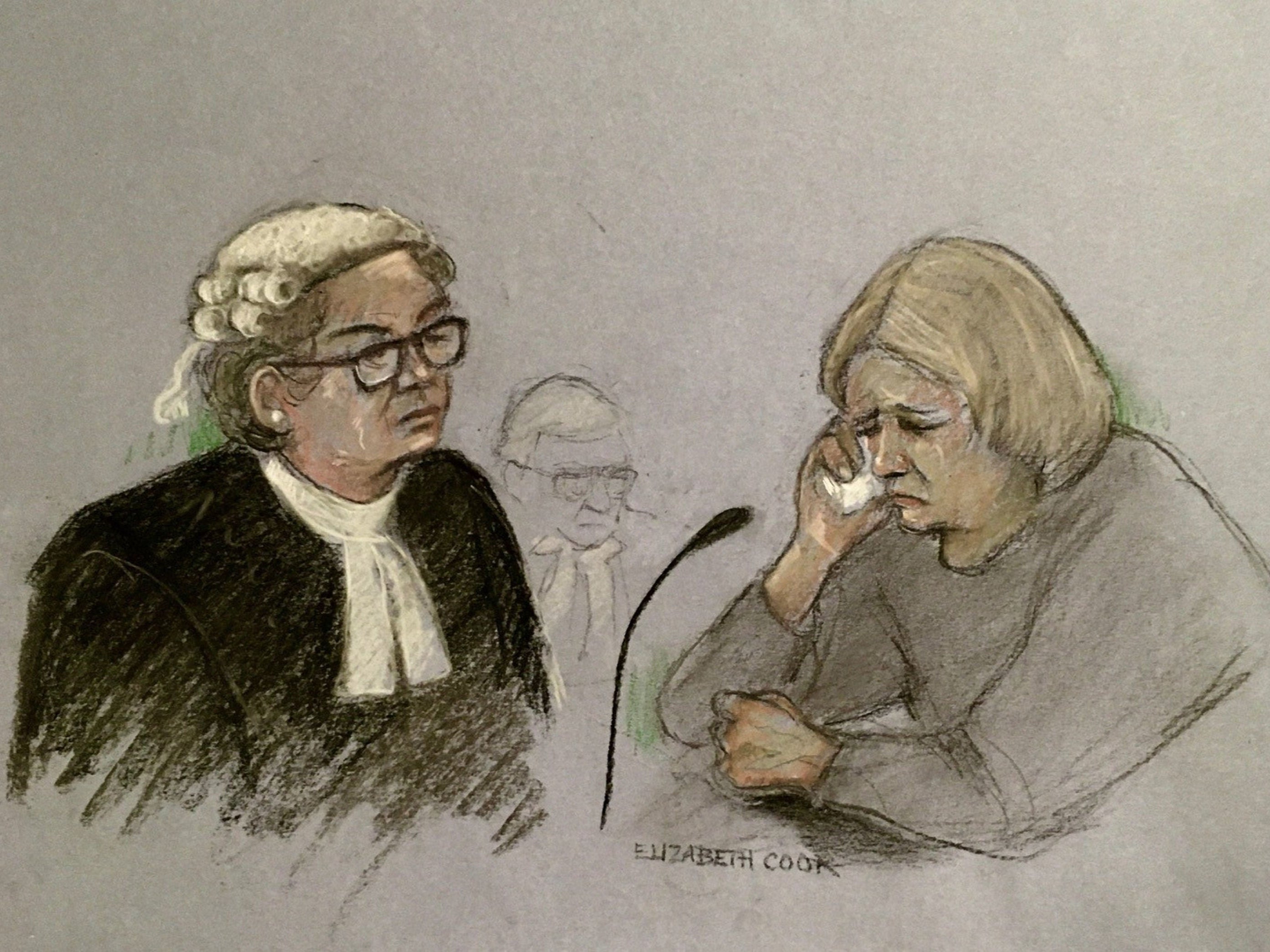 Court artist sketch shows Penelope Jackson (right) weeping in the dock at Bristol Crown Court