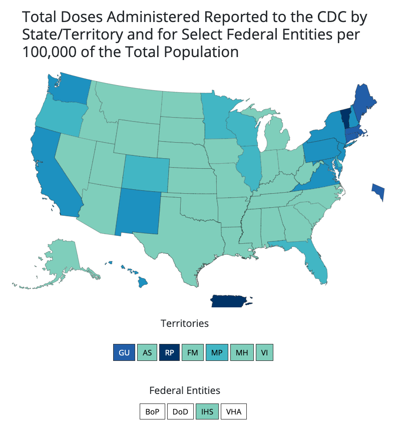 Puerto Rico leads the way in total Covid-19 vaccine doses administered per 100,000 people as reported to the CDC - 19 October 2021