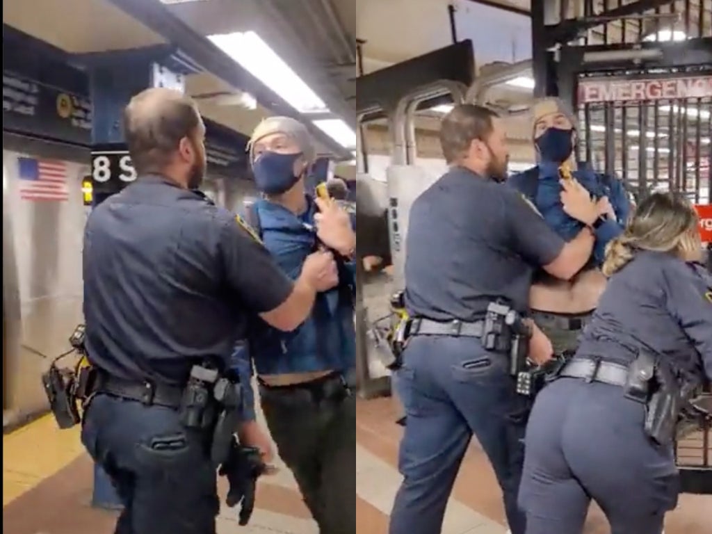 Unmasked NYPD officers push passenger out of subway station after being asked to cover faces