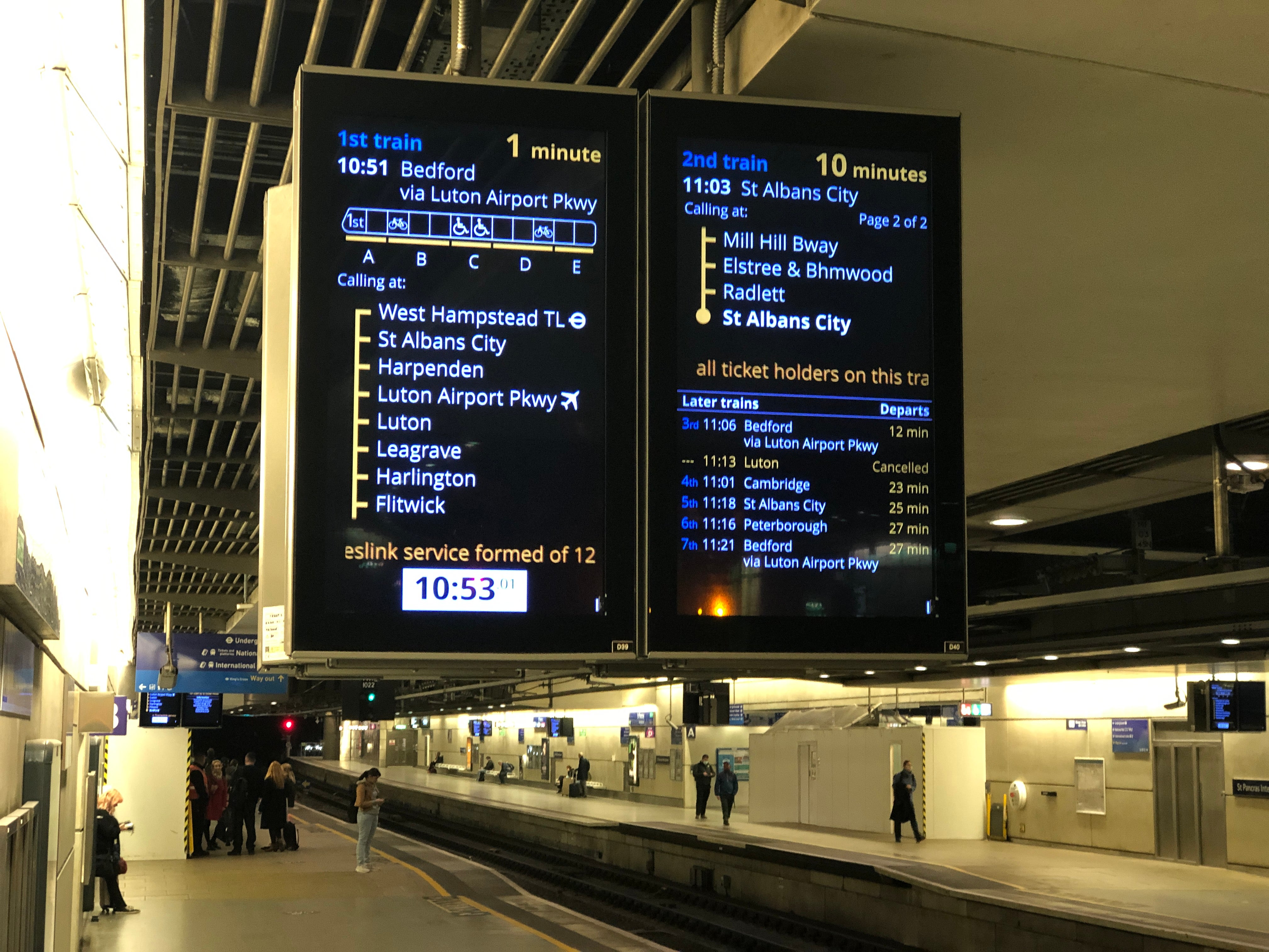 Late notice: destination screen at London St Pancras International