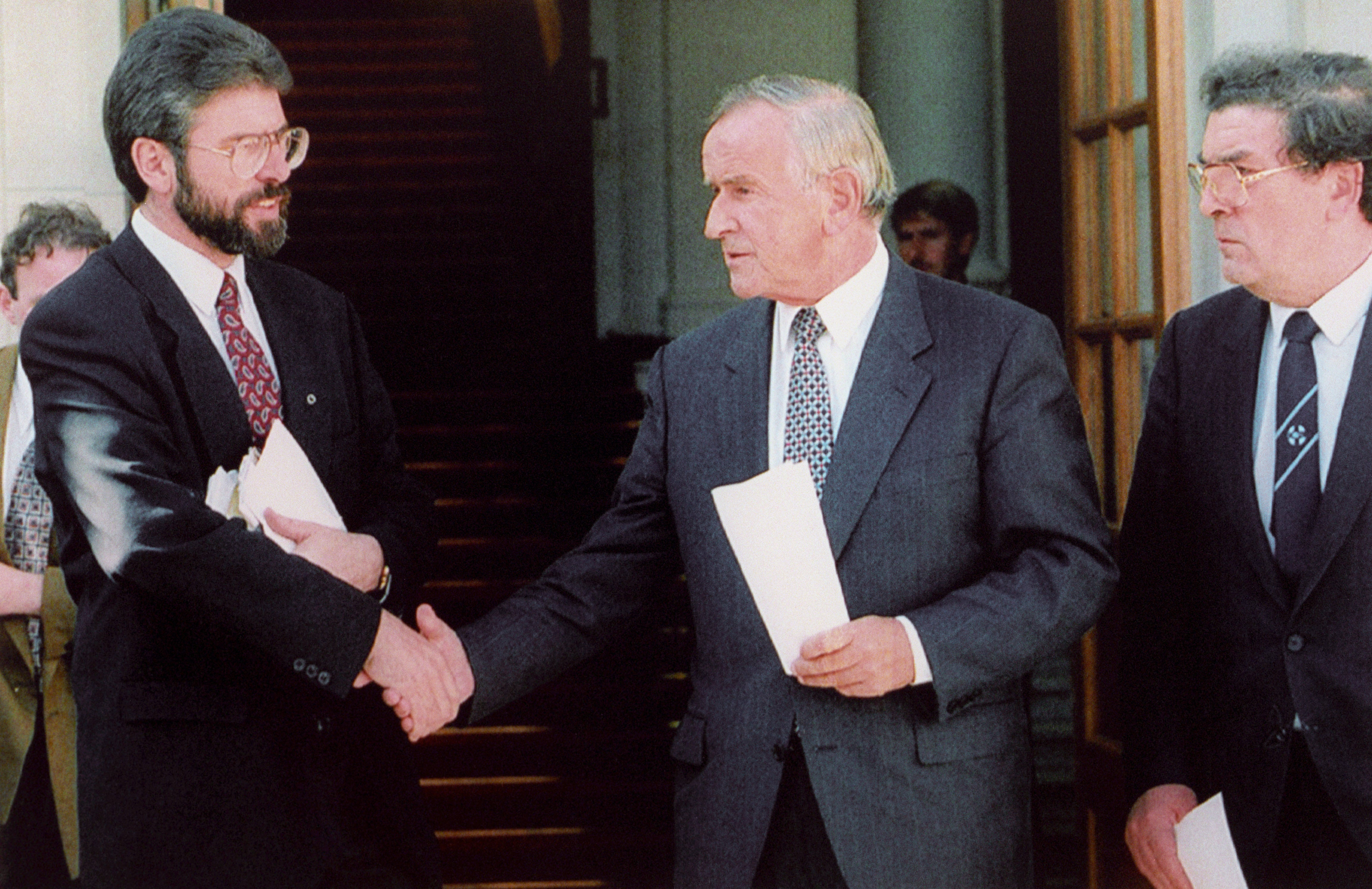 From left: Sinn Fein’s Gerry Adams, the Irish prime minister Albert Reynolds and John Hume of the SDLP meet in Dublin, September 1994, after the announcement of the IRA ceasefire