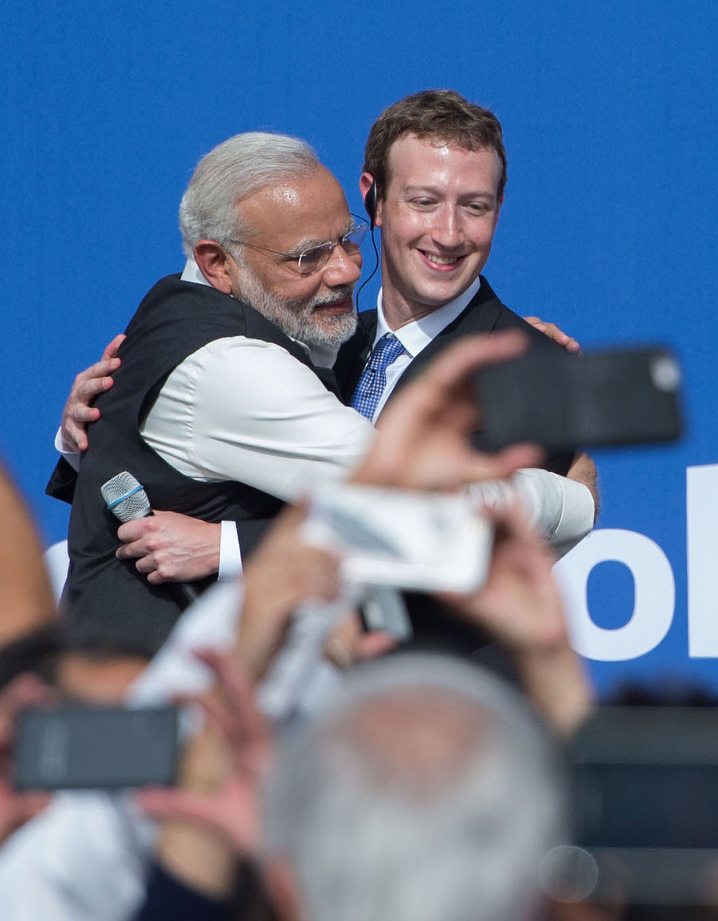 Narendra Modi and Mark Zuckerberg sharing a hug after a Townhall meeting, at Facebook headquarters in Menlo Park, California in 2015