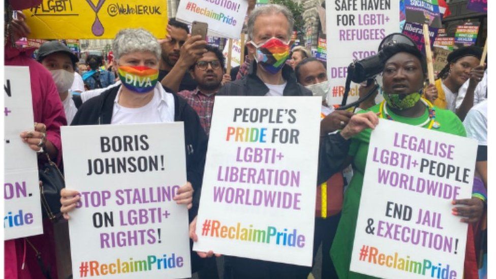 Thousands of LGBTI+ campaigners marched through London in the UK’s first-ever Reclaim Pride march (July 2021).