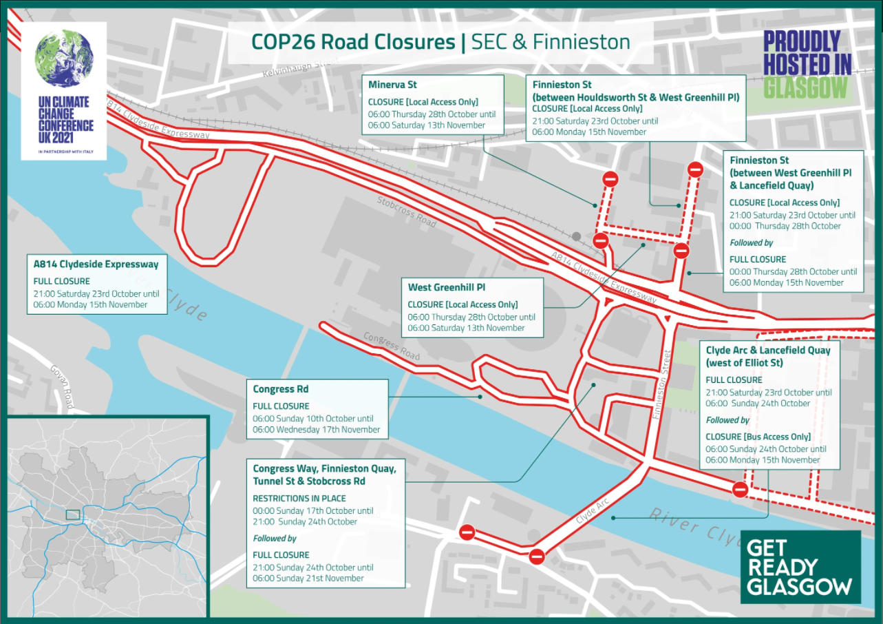 Planned road closures around Glasgow’s SEC during the summit