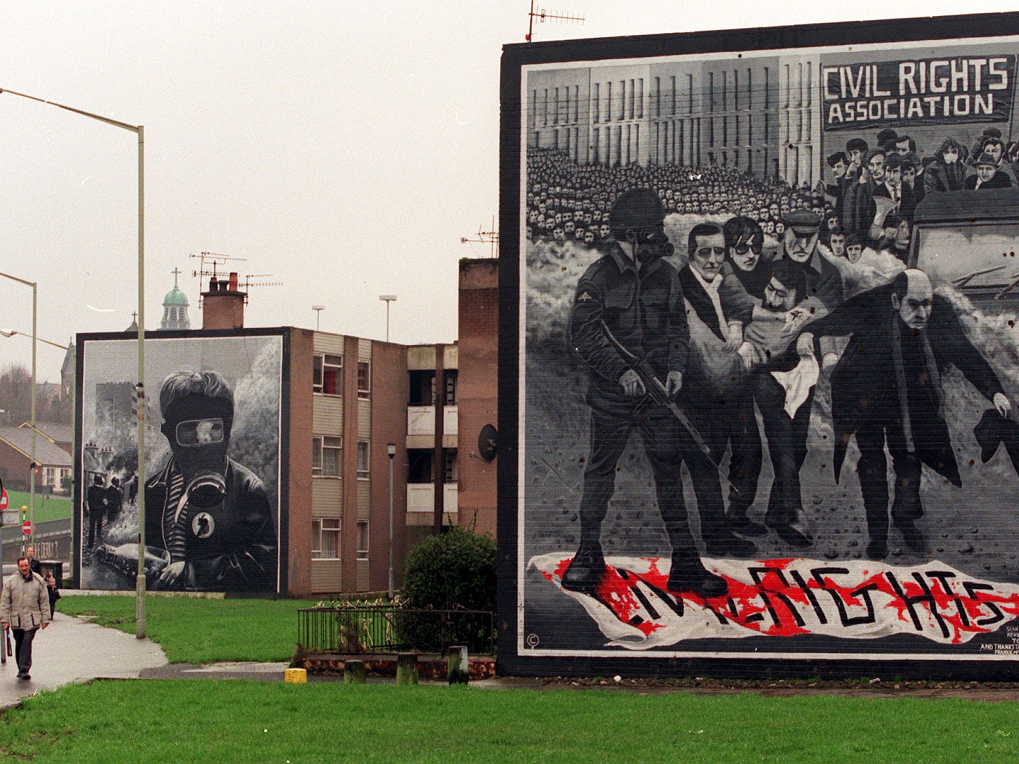 Murals on the walls of ‘Free Derry Corner’, in the Bogside area of Londonderry February 1997