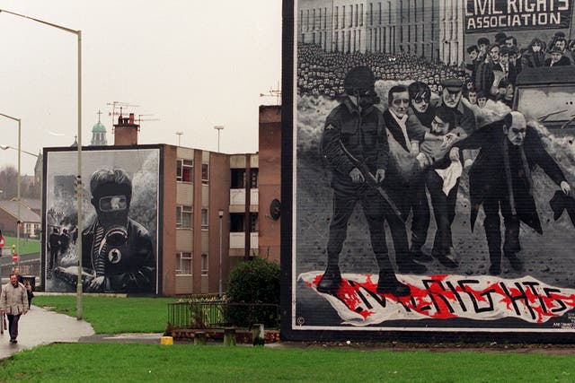 <p>Murals on the walls of ‘Free Derry Corner’, in the Bogside area of Londonderry February 1997</p>
