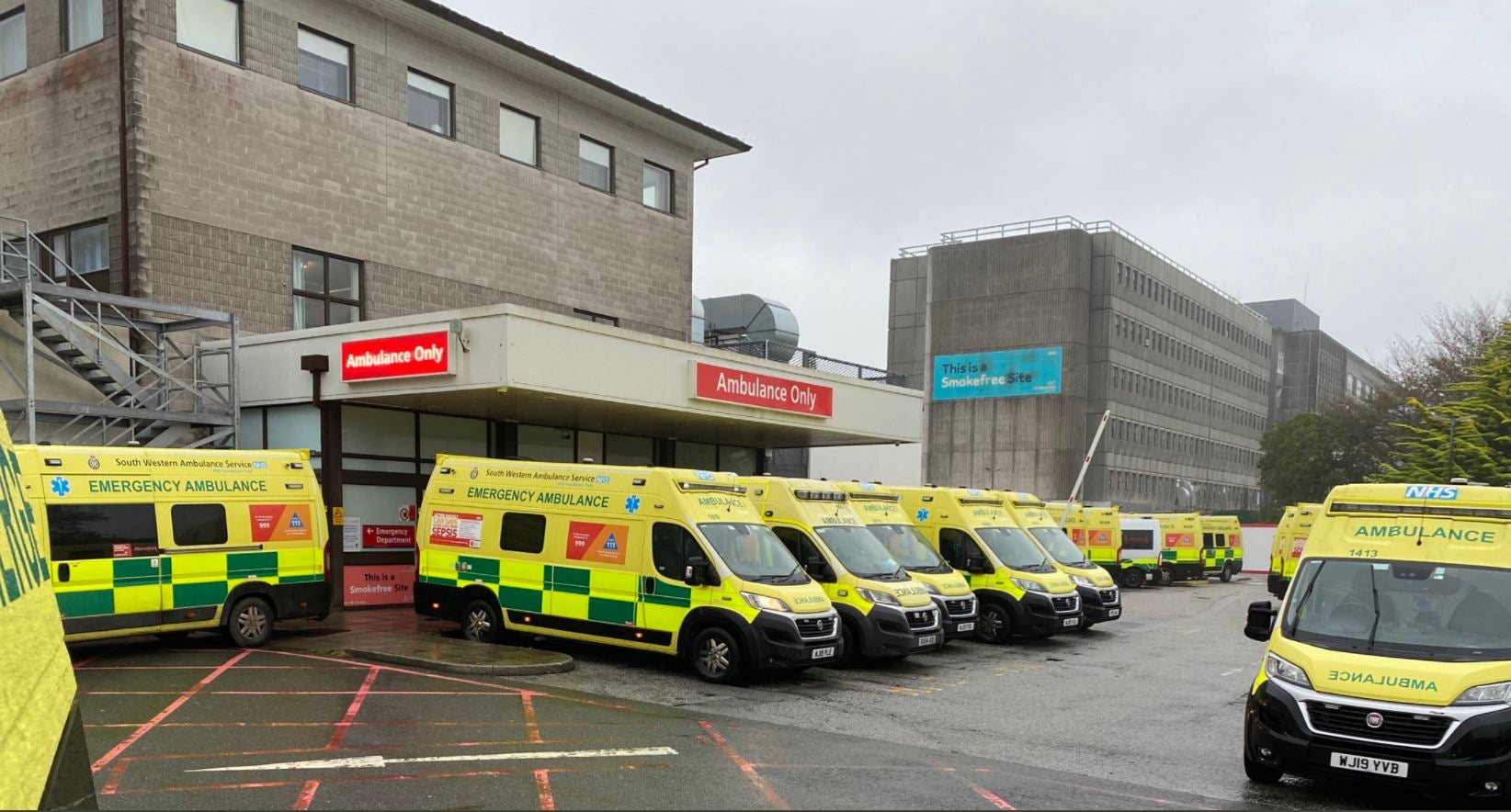 Ambulances queueing to drop off patients at the A&E at Treliske hospital in Truro, Cornwall