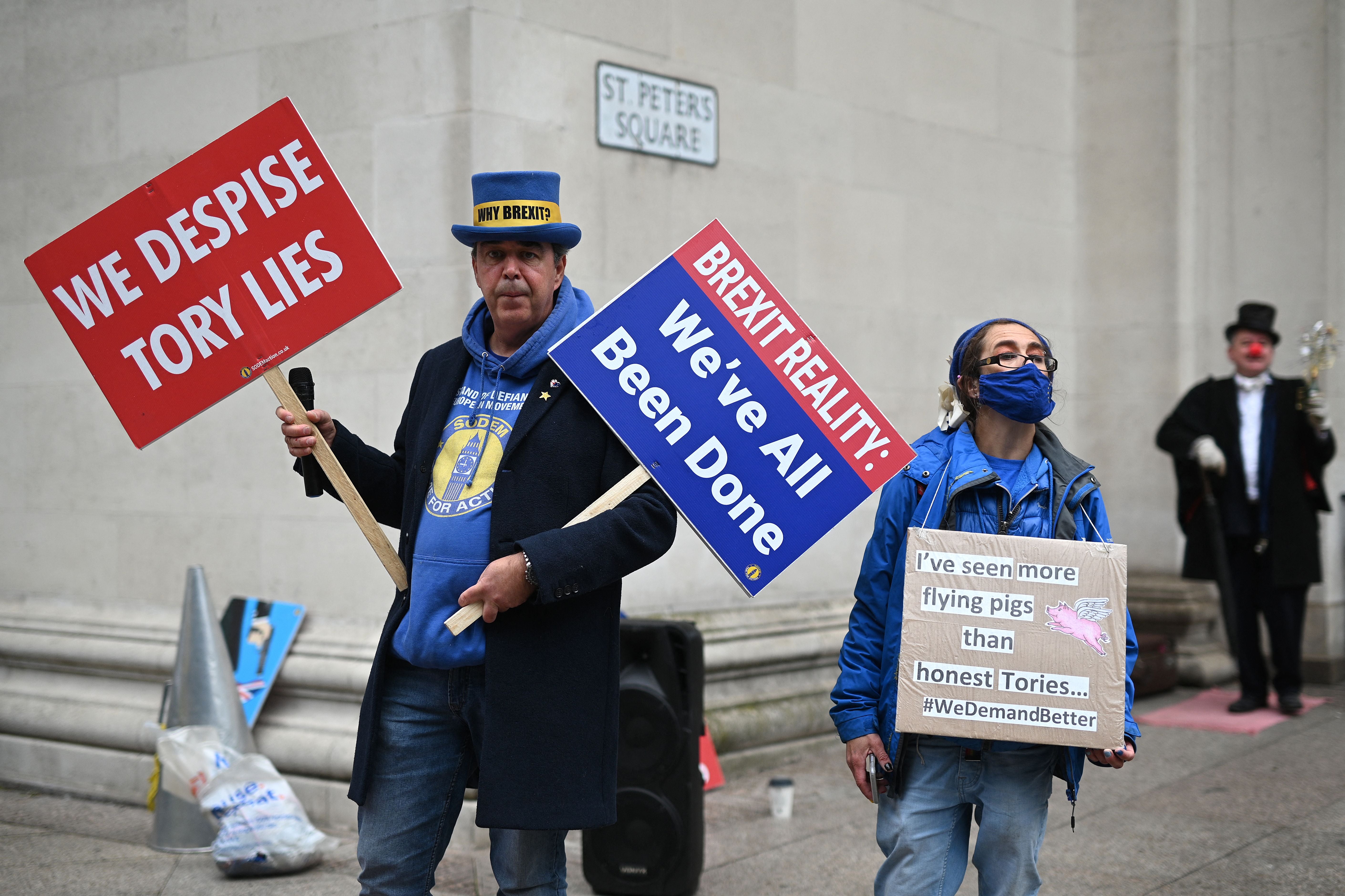 Brexit blues: Steve Bray and a fellow campaigner outside the Conservative Party conference in Manchester this month