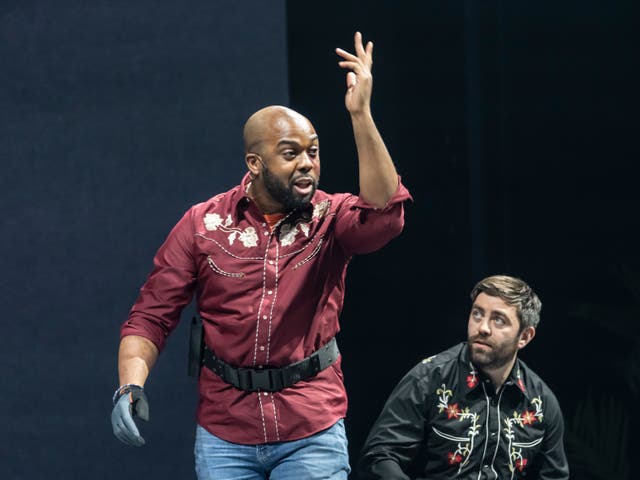 <p>Ken Nwosu and James Corrigan in ‘White Noise’ at The Bridge Theatre, London</p>